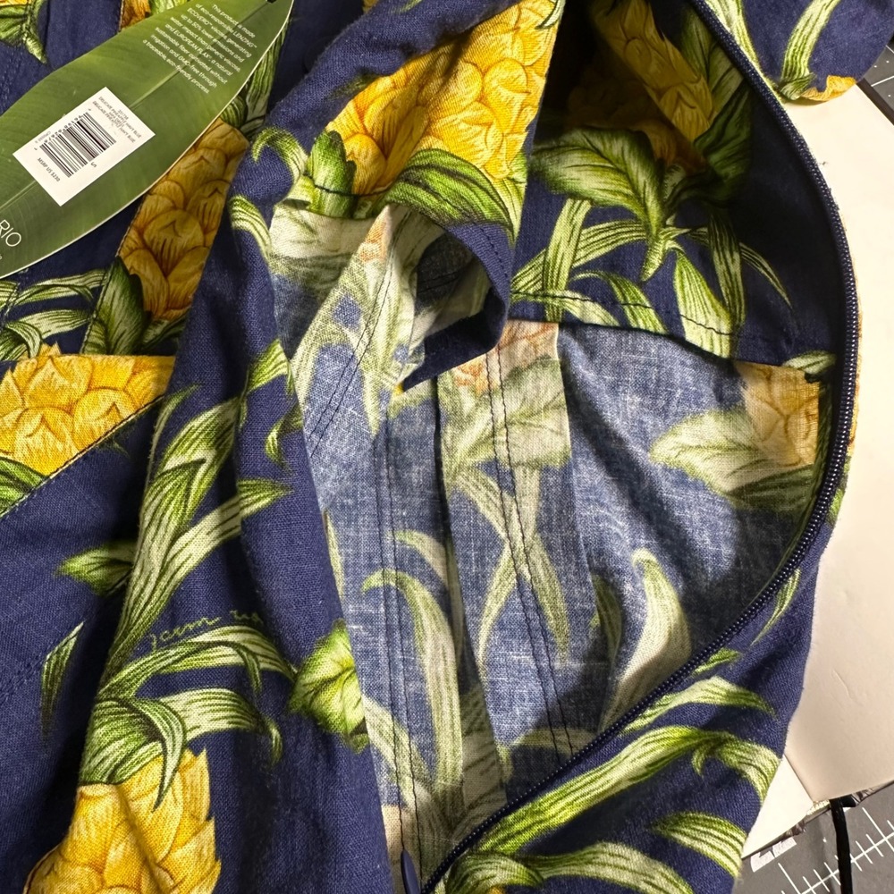 NWT Farm Rio Navy Blue Pineapple Print Puff Sleeve Mini Pleated Dress Sz S Linen - Picture 7 of 9
